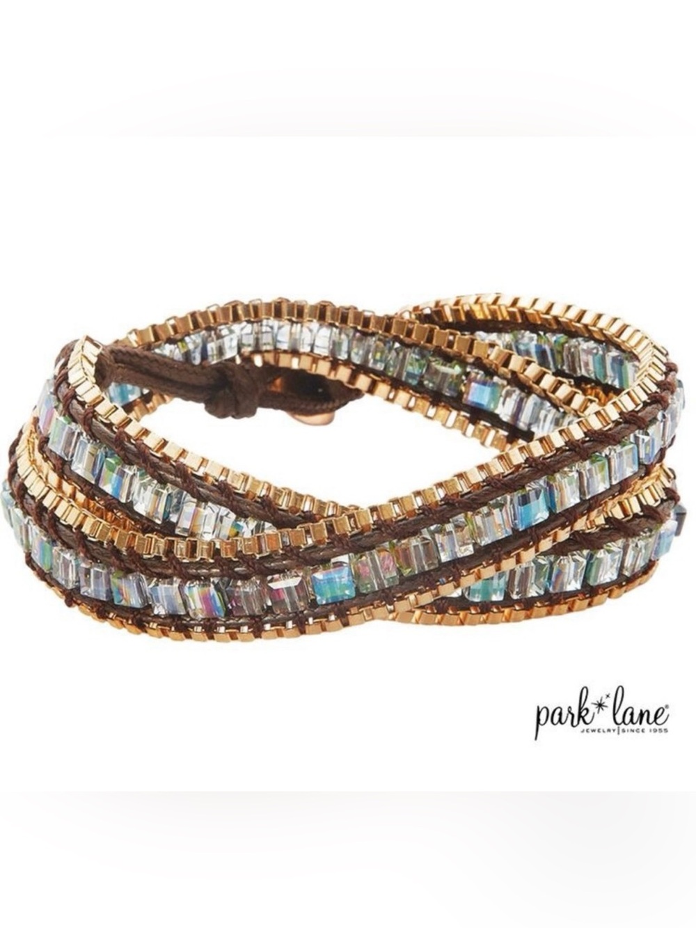 Park Lane Mantra Brown Leather Multi-Strand Bracelet Iridescent Crystals Unisex